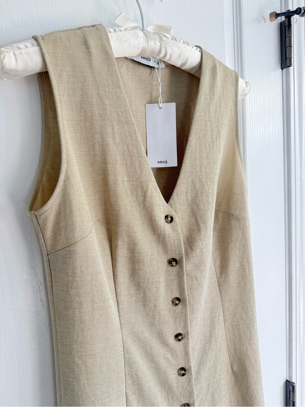NWT Mango Mini Dress Button Up V-neck Sleeveless Tan /Oat Size S - Picture 6 of 11